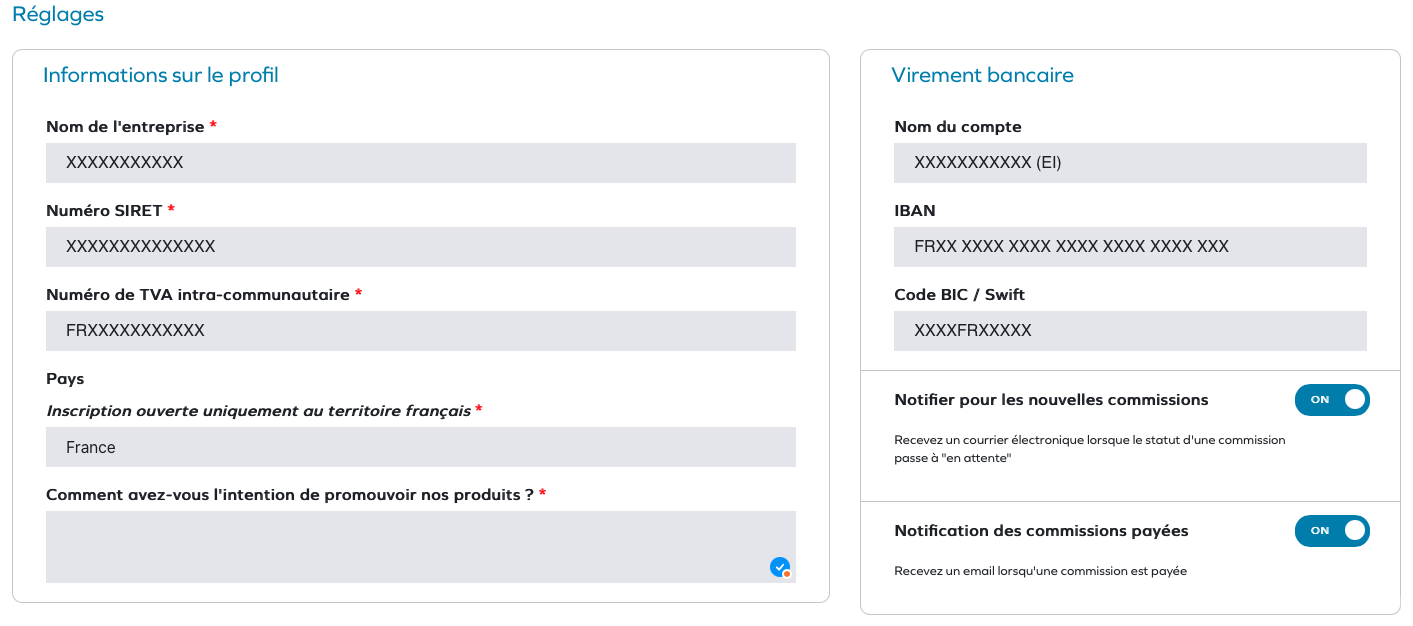 Tableau de bord programme d'affiliation My Berkey - virement bancaire